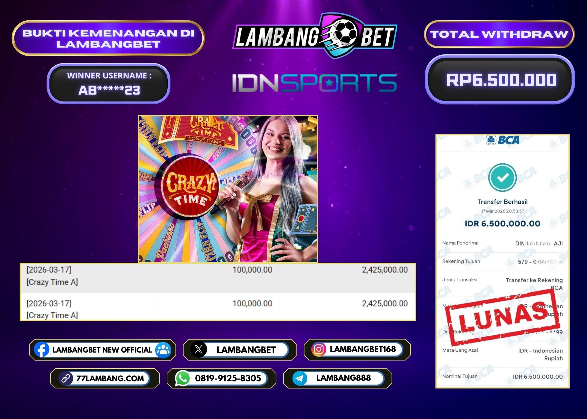 LAMBANGBET [17 MARET 2025] JACKPOT LIVE CASINO Crazy Time A "Rp6.500.000" LUNAS